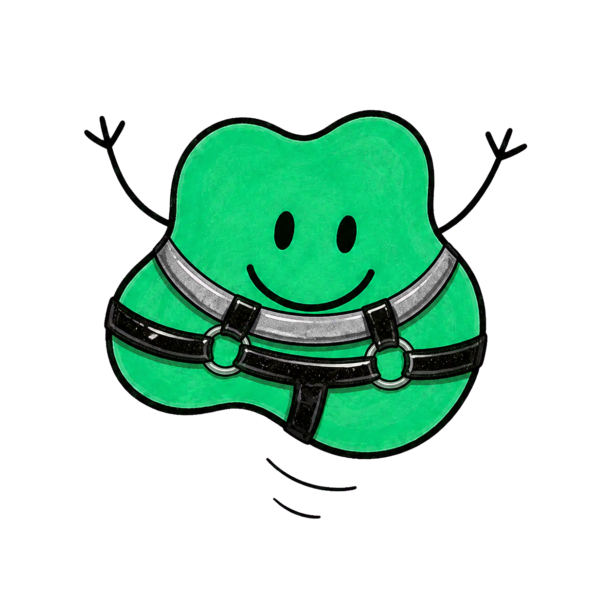 Der grüne Blob trägt ein schwarzes Latex-Harness