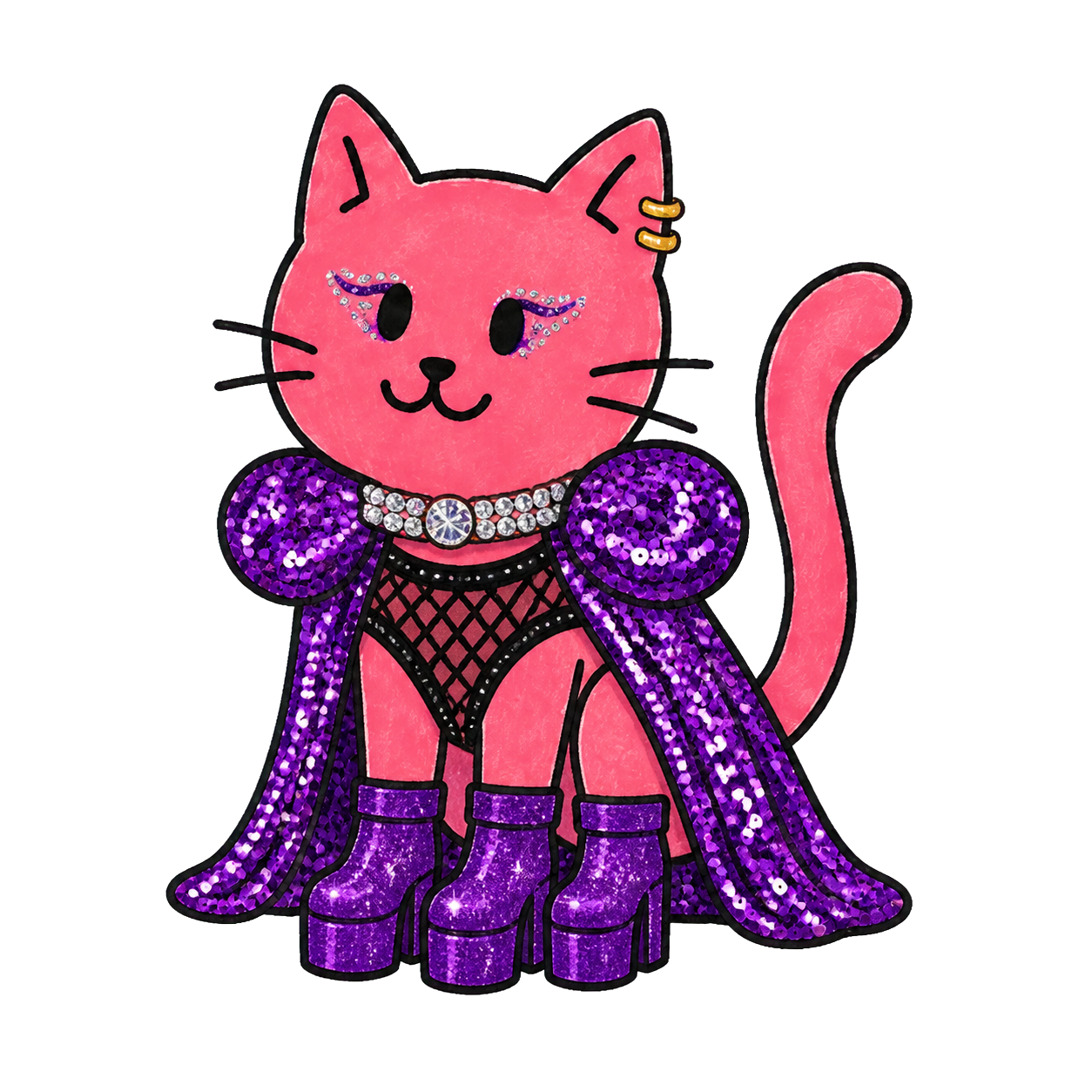Die pinke Katze trägt einen glitzernden Drag-Camp-Look