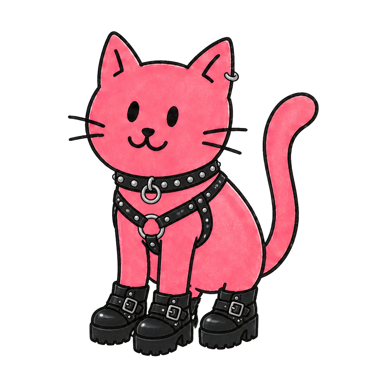 Die pinke Katze trägt Leder und hohe Boots