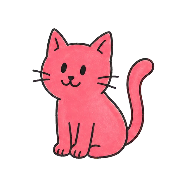Die pinke Katze sitzt freundlich da
