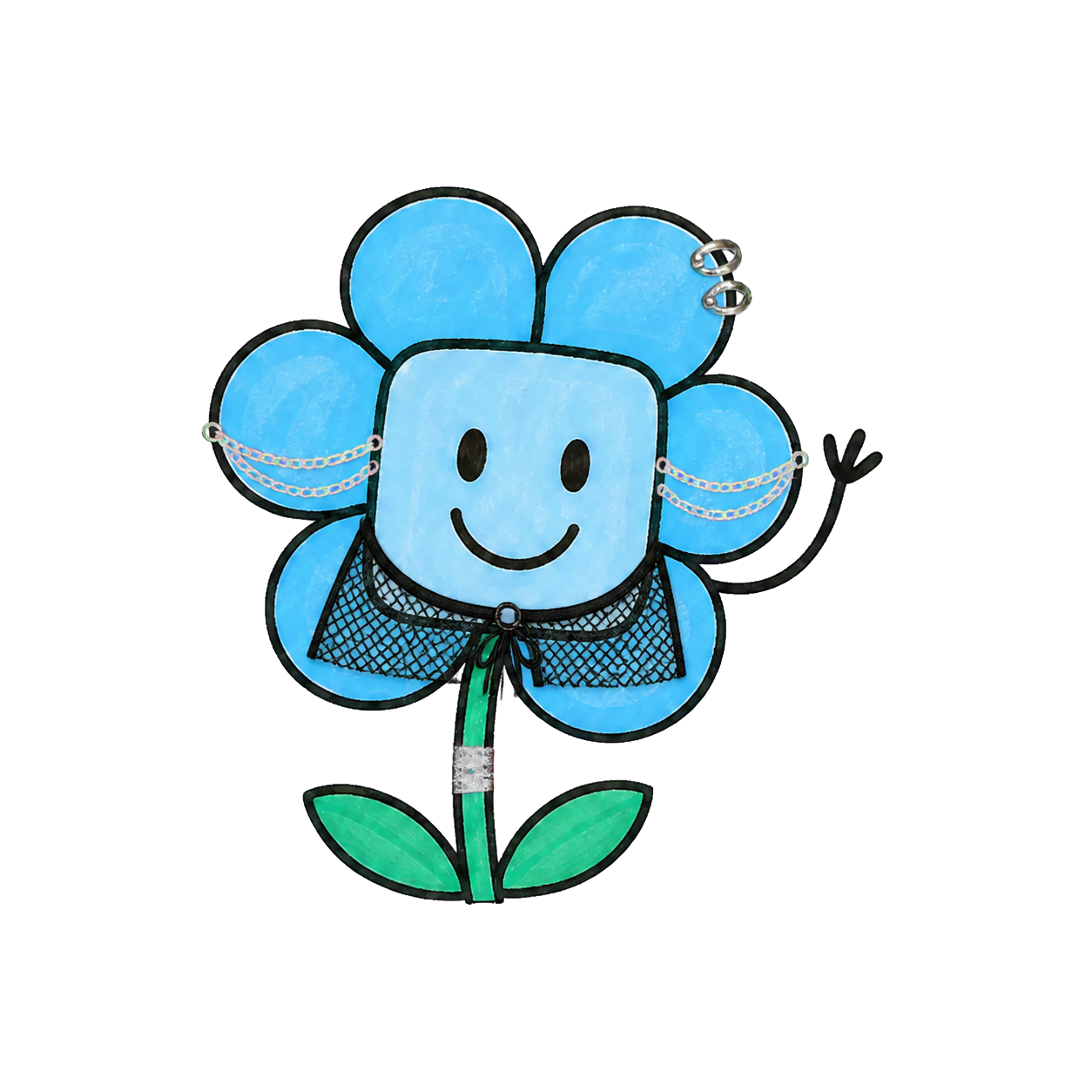 Die blaue Blume trägt glitzerndes Mesh