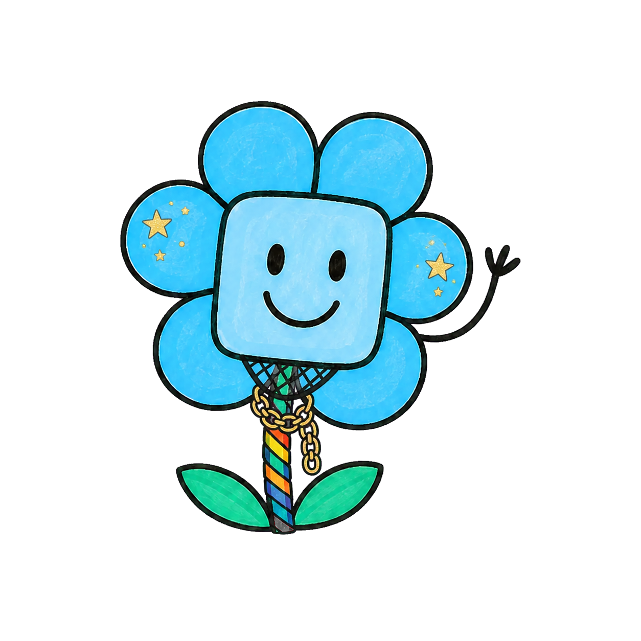 Die blaue Blume trägt Regenbogen-Tape und Mesh